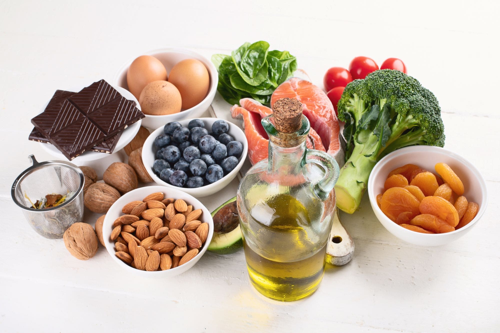 phto showing the fruits , nuts, oils and vegitables of the mind diet. GeroMind helps members know about the Mind Diet